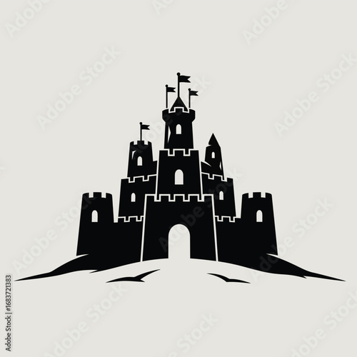 Majestic Silhouette of a Medieval Castle with Multiple Towers and Flags, Evoking a Sense of Fantasy and Grandeur, Set Against a Minimalist Background for Versatile Design Applications