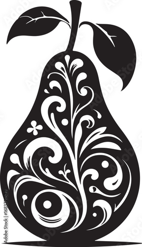 Decorative Ornately Patterned Pear Silhouette with Leaves