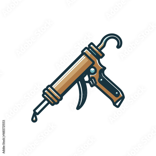Close-up of a caulking gun with a drop of sealant, set against a plain white background