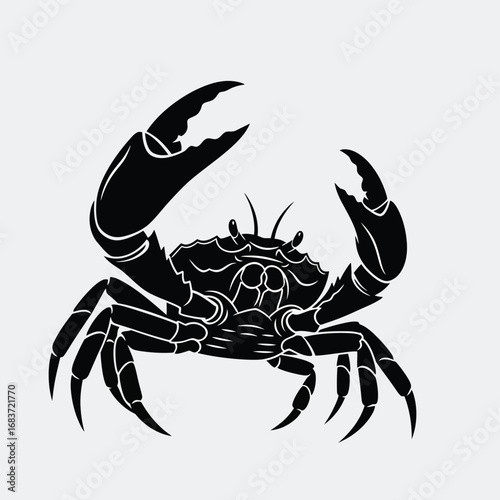 A striking black and white illustration of a crab with its claws raised, showcasing its detailed exoskeleton and multiple legs against a neutral background, perfect for nautical or culinary themes