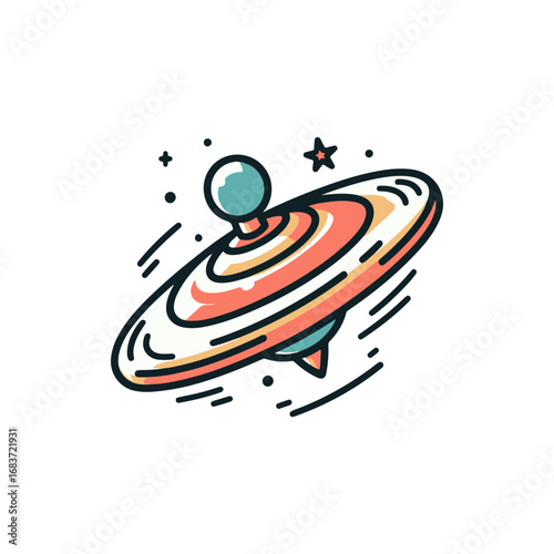 Colorful spinning top with motion lines, set against a starry background, symbolizing playfulness