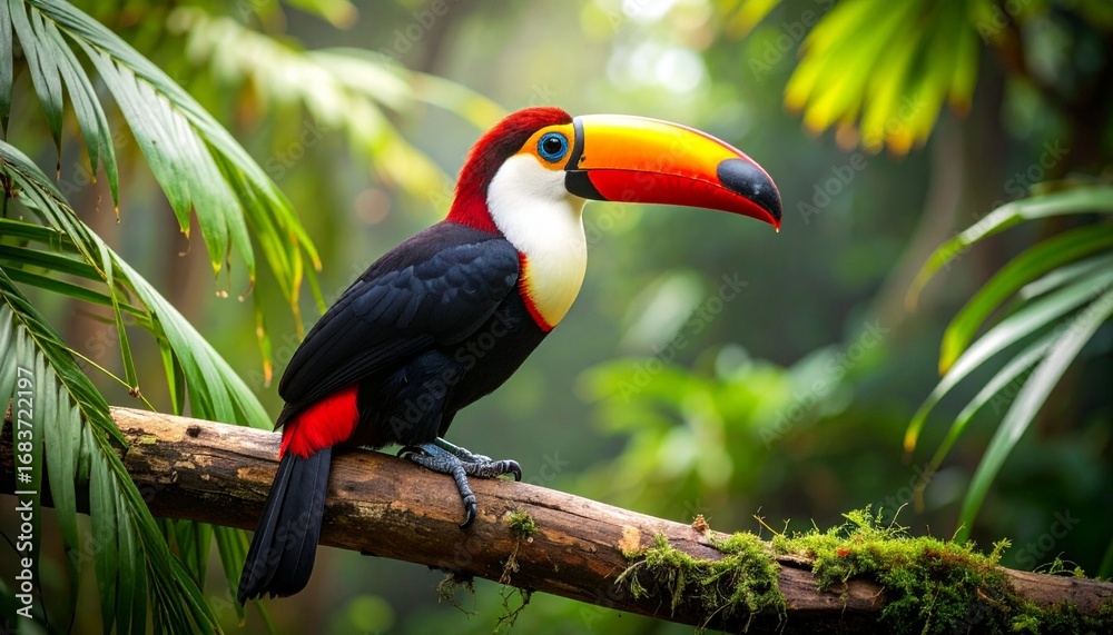 Naklejka premium Toucan on mossy branch in lush rainforest with vivid beak and misty foliage.