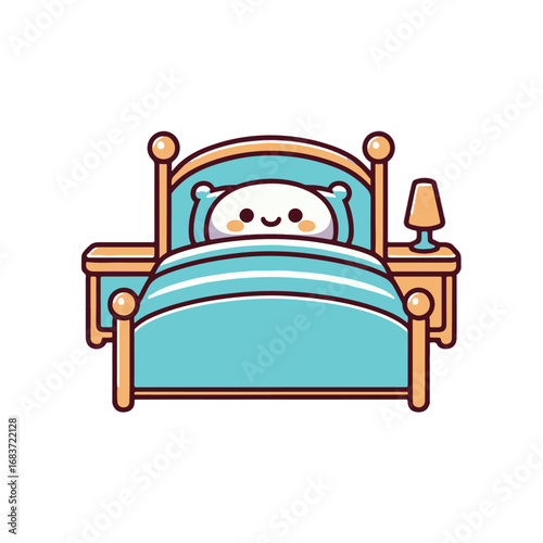 Cozy cartoon bedroom scene with a smiling pillow in bed, bedside lamp, and peaceful atmosphere