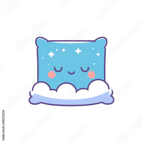 Cute blue pillow with a smiling face, surrounded by fluffy clouds, set against a white background