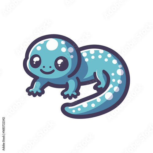 Cute cartoon amphibian character with a blue body and white spots, set against a simple background