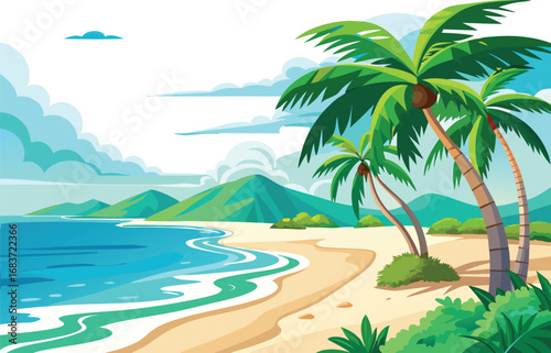 Vibrant tropical beach paradise with turquoise waters and lush greenery