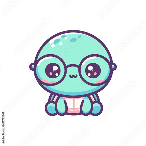 Cute cartoon alien character wearing glasses, sitting with a cheerful expression, isolated on white