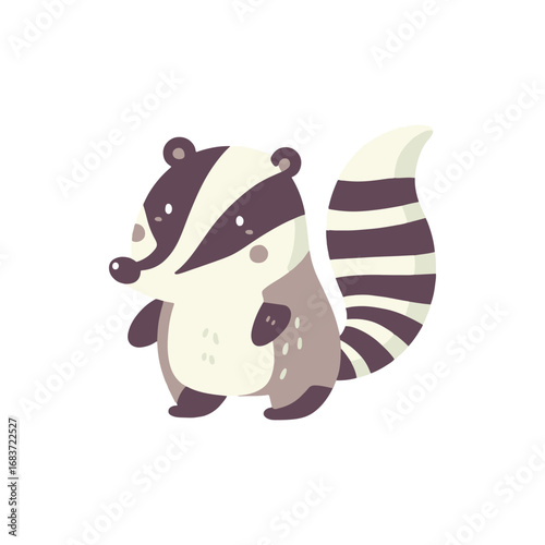Cute cartoon badger character standing upright with a striped tail against a white background