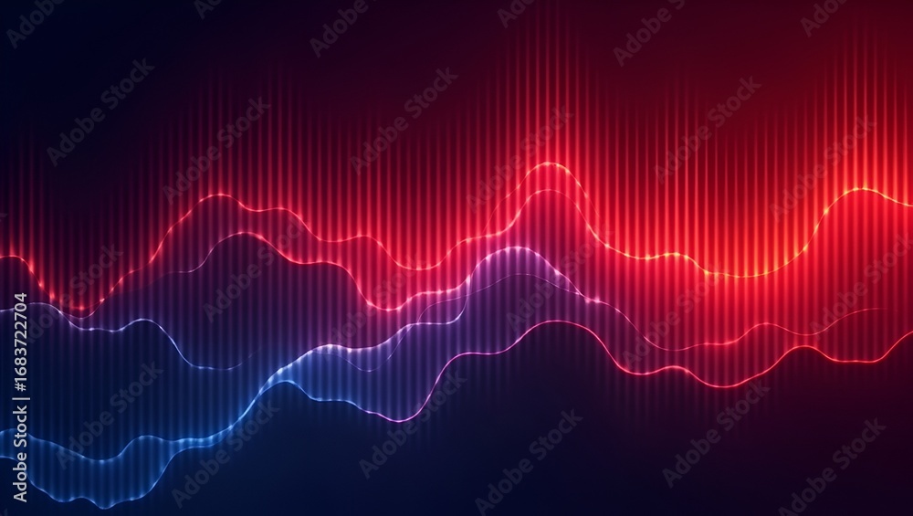 Fototapeta premium Fiery red and midnight blue gradient with luminous vertical waves. A bold, high-contrast design where alternating colors create a striking and dramatic visual impact