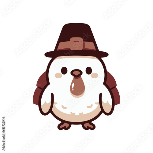Cute cartoon bird wearing a pilgrim hat, standing proudly with a festive background