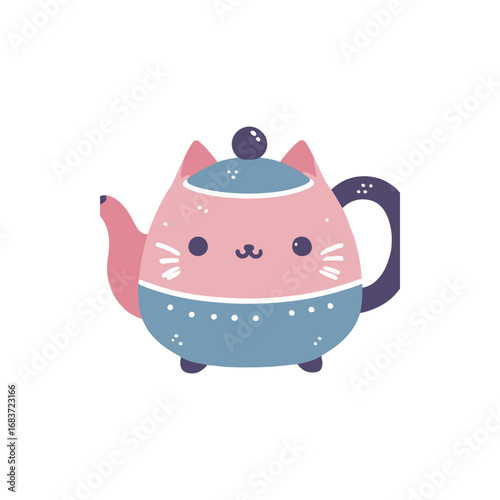 Cute cartoon cat-shaped teapot with pastel colors, sitting against a plain background