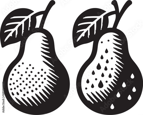 Two Pears with Leaves and Water Droplets
