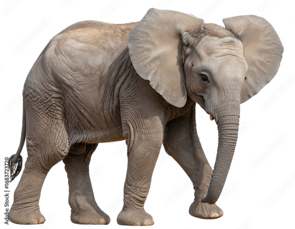 Fototapeta premium Baby Elephant Side View with Extended Ears, Isolated on Transparent Background