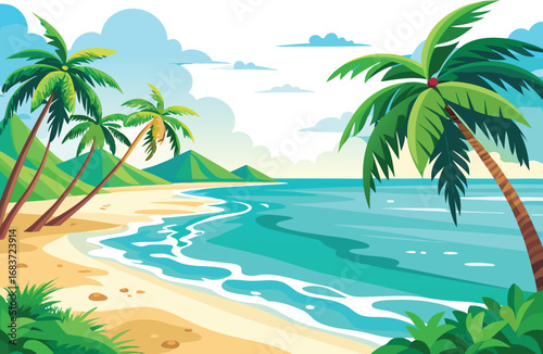 Vibrant tropical beach paradise with turquoise waters and lush greenery