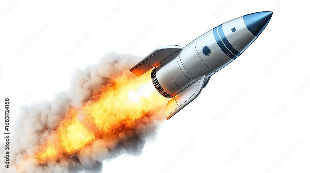 Fototapeta premium Rocket launch with smoke and flames on a white background symbolizing success and innovation
