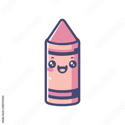 Cute cartoon crayon character with a smiling face and rosy cheeks, isolated on a white background