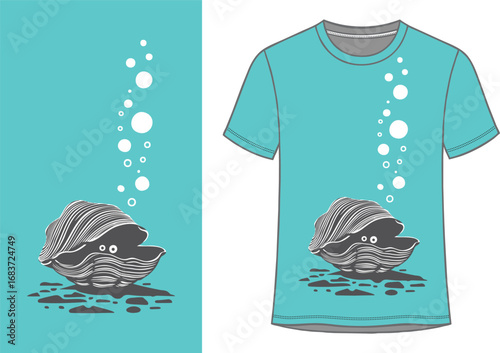Clam seashell T-shirt vector — cute underwater bubbles graphic
Cute oyster shell cartoon — ocean bubbles tee design vector
Sea shell mascot illustration — nautical kids T-shirt graphic