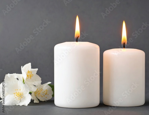 Two white candles and jasmine flowers on a gray background