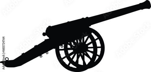 Silhouette of an antique cannon on a representing historical warfare and military might. vector