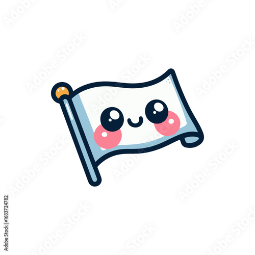 Cute cartoon flag with a smiling face, waving cheerfully against a plain background