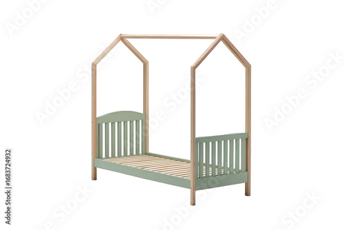 Childrens wooden house bed frame, green, isolated on transparent background