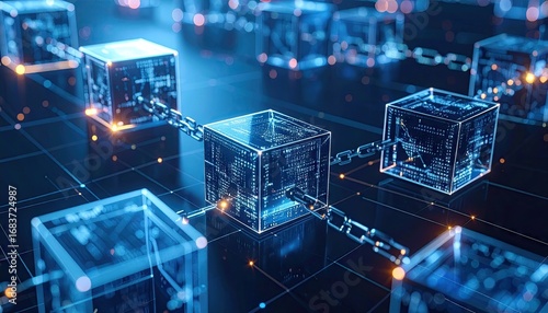 Glowing Blue Blockchain Network on Global Supply Chain Map