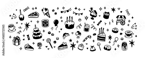Cute line hand drawn birthday cake line icon and other treats set. Outline elements for kid, child, primary school, kindergarten celebration party design. Breakfast aesthetic food. Confetti scribbles