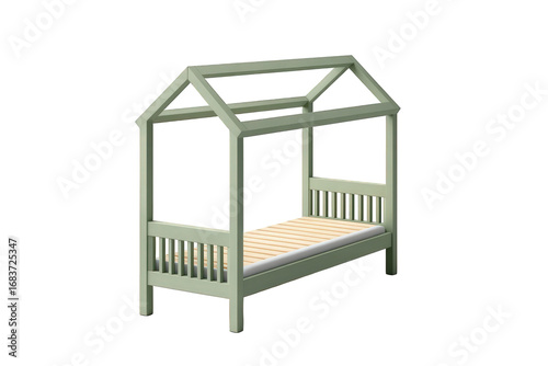 Light green wooden house bed for children isolated on transparent background