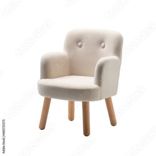Small cream upholstered armchair for children, isolated on transparent background