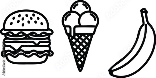 Black and white illustration of a hamburger, ice cream, and banana.