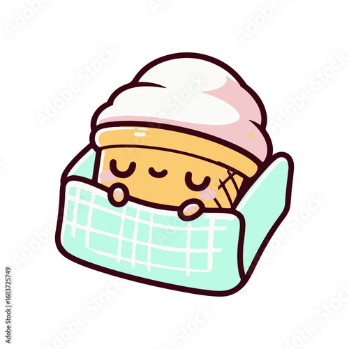 Cute cartoon ice cream character wrapped in a blanket, resting peacefully in a cozy setting