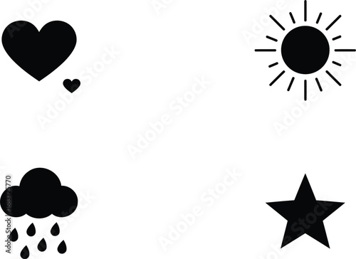 Simple black and white graphic icons representing love, sun, rain, and a star.
