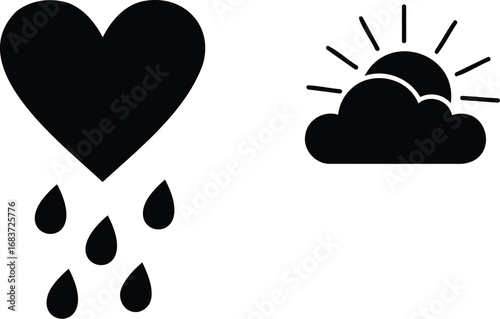 Black and white illustration of a heart with raindrops and a sun partially obscured by a cloud.