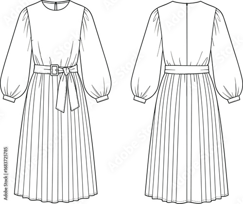 Pleated midi dress with puff sleeves, belted waist detail, front and back CAD fashion sketch, flat vector garment illustration