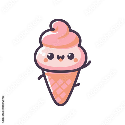 Cute cartoon ice cream cone character with a smiling face and pink swirl topping, isolated on white