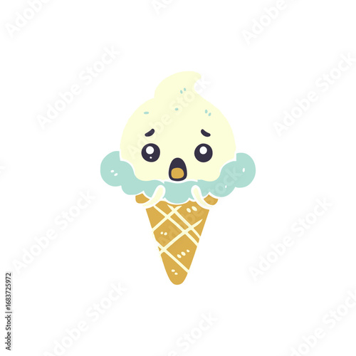 Cute cartoon ice cream cone character with a worried expression, set against a plain background