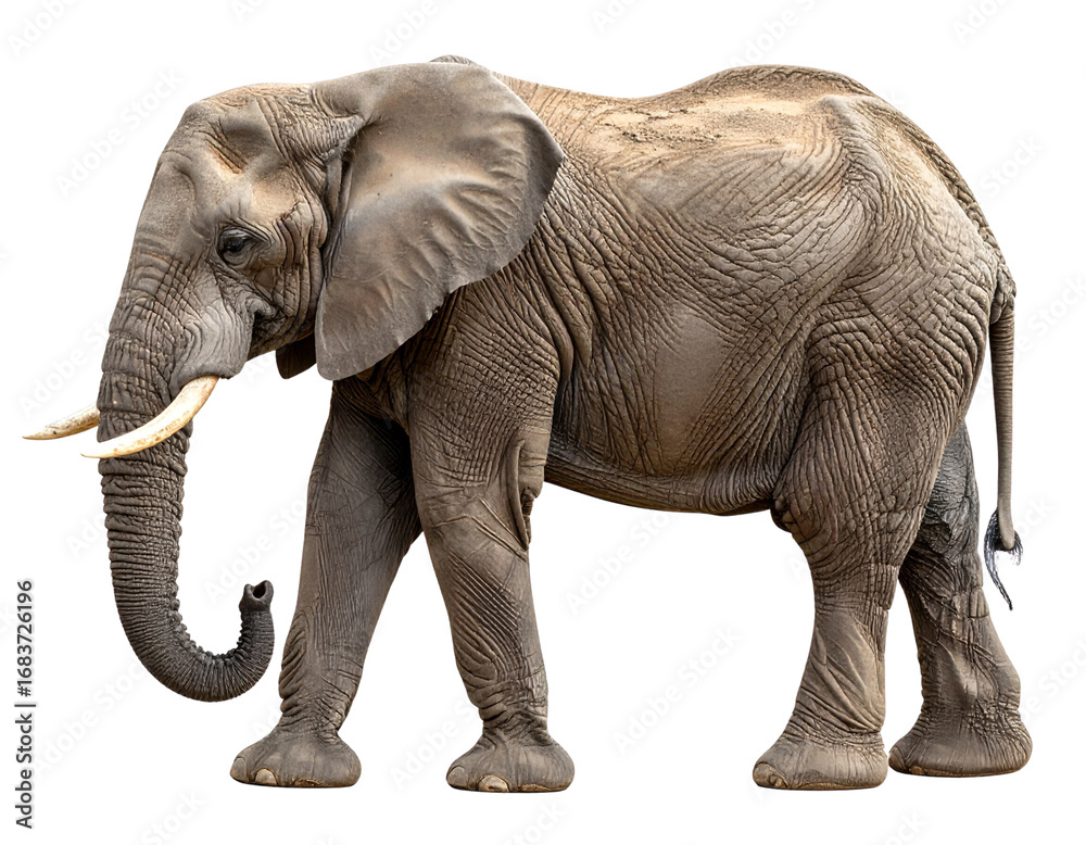 Fototapeta premium African Elephant Side View Standing Pose, Isolated on Transparent Background