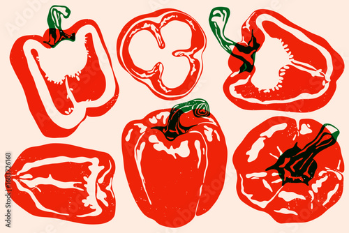 Red bell pepper set. Whole and sliced peppers, abstract fresh vegetables, food collection with green stems risograph effect, organic vegetarian products. Vector isolated collection