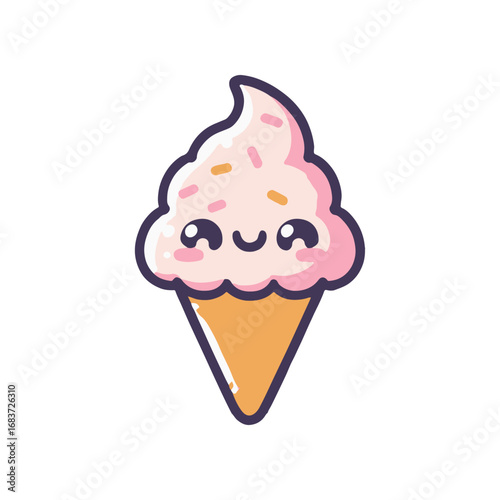 Cute cartoon ice cream cone with a smiling face, pink swirl, and colorful sprinkles, ideal for children's designs