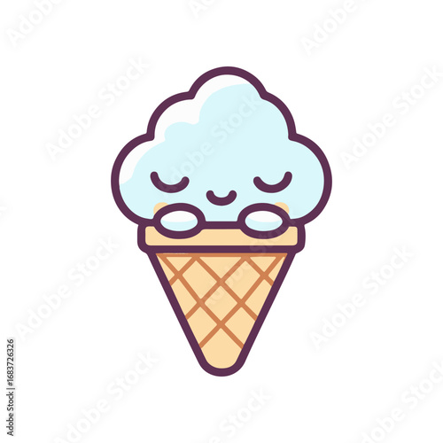 Cute cartoon ice cream cone with a smiling face, set against a plain background, ideal for children's themes