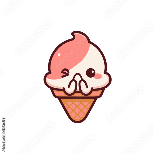 Cute cartoon ice cream cone with pink swirl, smiling face, set against a simple white background