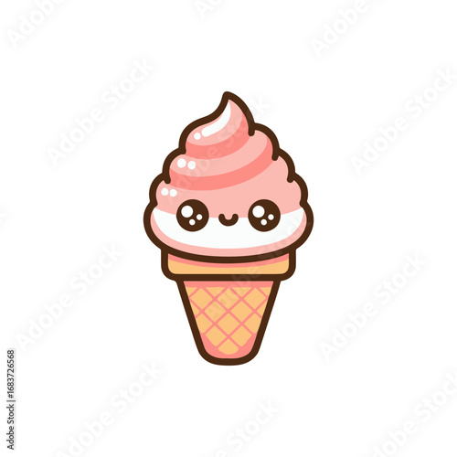 Cute cartoon ice cream cone with pink swirls, smiling face, set against a plain background