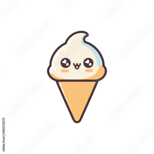 Cute cartoon ice cream cone with smiling face, set against a plain white background