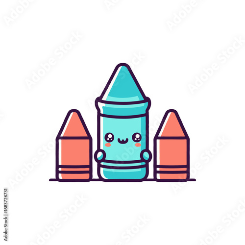 Cute cartoon illustration of a smiling blue crayon surrounded by two orange crayons on a white background