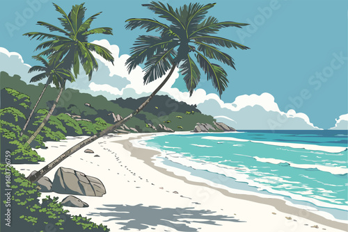 Vibrant tropical beach paradise with turquoise waters and lush greenery