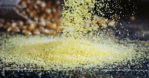 Super slow motion close-up of organic corn kernels and cornmeal grains falling for quality control on rustic wooden table, with raw corn cobs in the background in rural farmland at 1000fps.