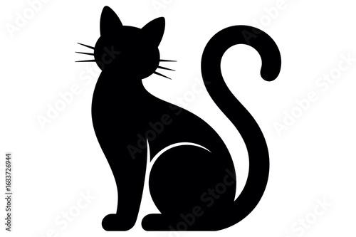 Silhouette of a cat sitting upright with a curled tail and whiskers on a white background
