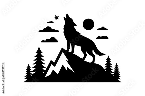 Silhouette of a wolf howling on a mountain peak under a star and moon with pine trees and clouds