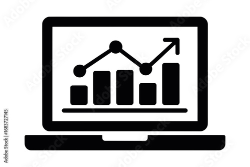 Laptop displaying a bar graph and a line graph with an upward trending arrow shown on screen