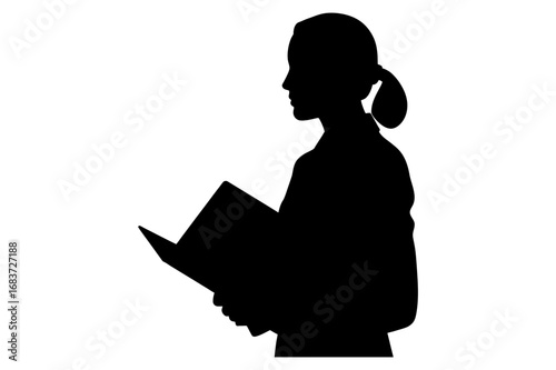 Silhouette of a woman with ponytail reading a book in profile against a white background image